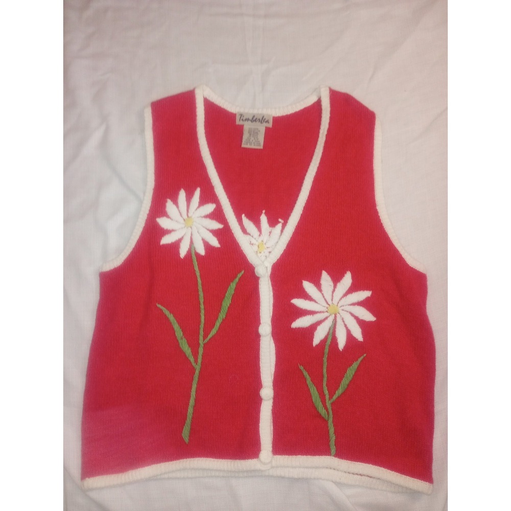 Vtg Timberlea Sweater Knit Vest Bright Pink Daisy Embroidered SP‎